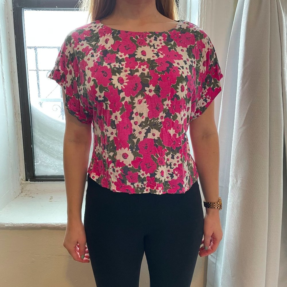 Topshop Pink floral cropped oversize tee